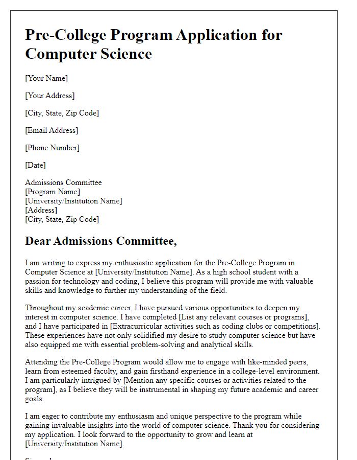 Letter template of pre-college program application for computer science