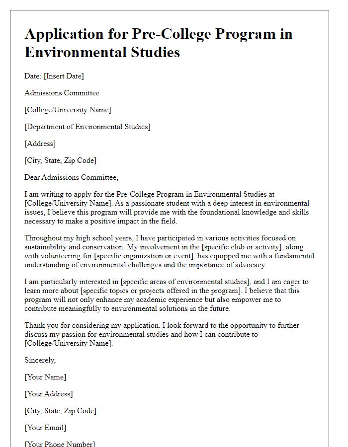 Letter template of pre-college program application for environmental studies