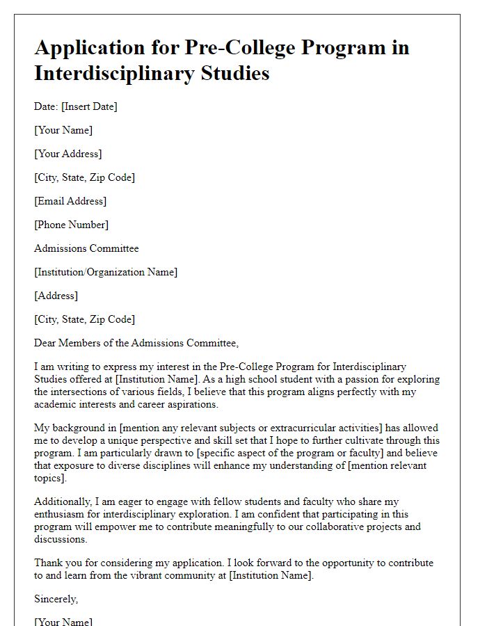 Letter template of pre-college program application for interdisciplinary studies