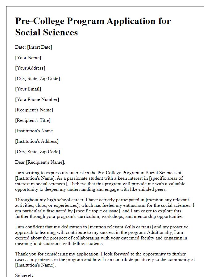 Letter template of pre-college program application for social sciences