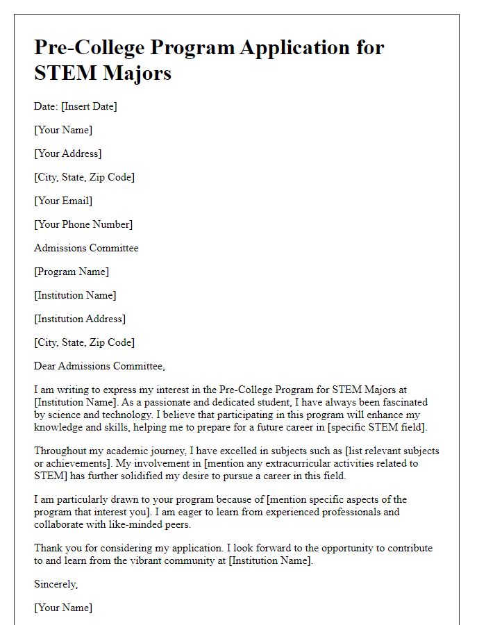 Letter template of pre-college program application for STEM majors