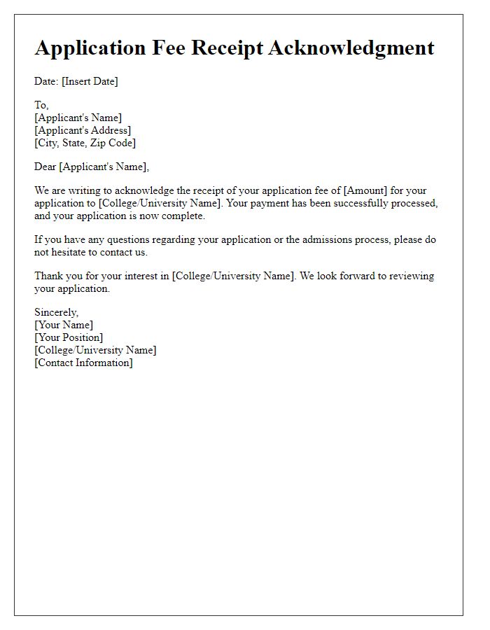 Letter template of acknowledgment for college application fee receipt