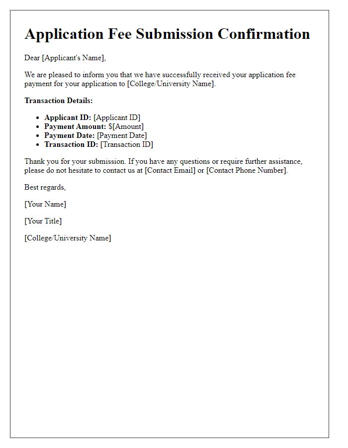 Letter template of college application fee submission confirmation