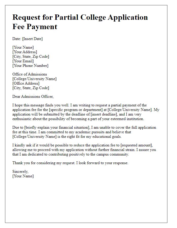 Letter template of partial college application fee payment request