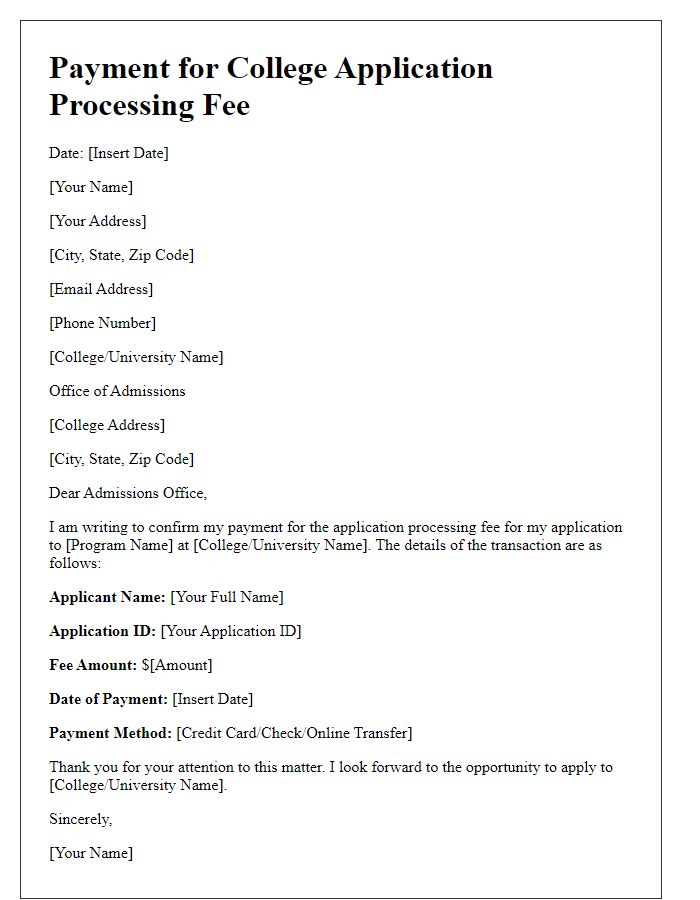 Letter template of payment for college application processing fee