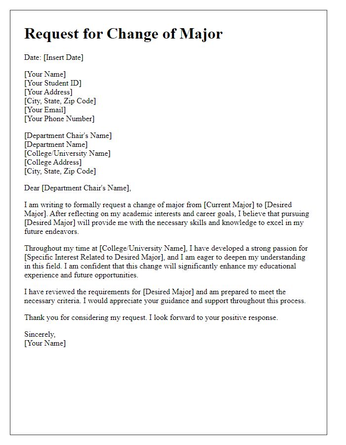 Letter template of college major change request for academic improvement.