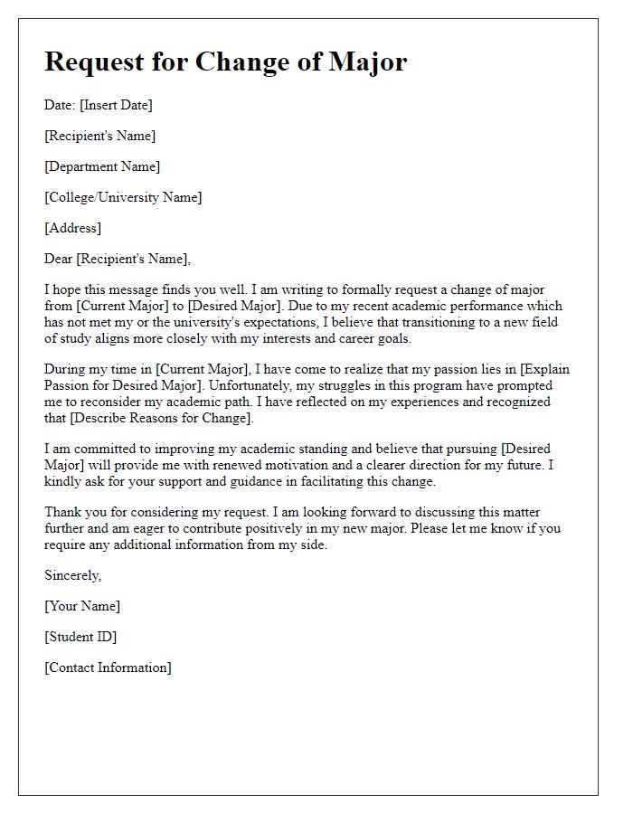 Letter template of college major change request following a poor academic performance.