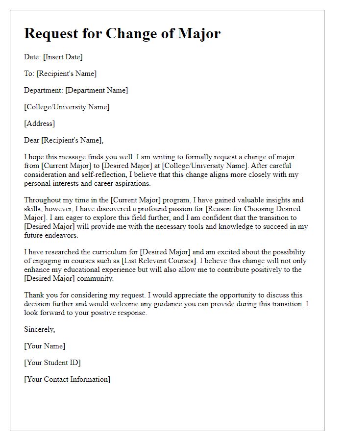 Letter template of college major change request for personal interest alignment.