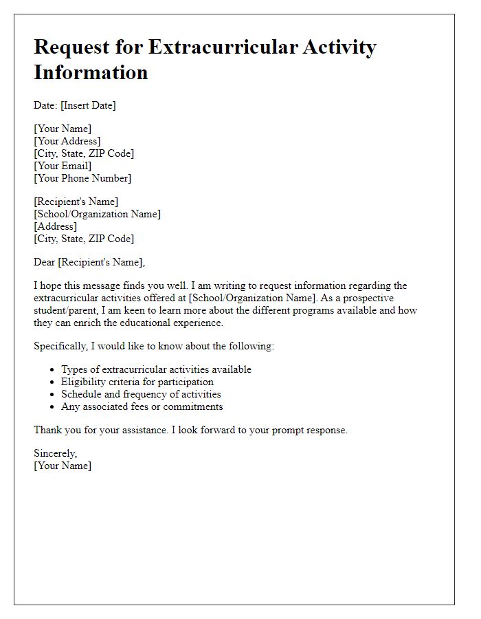 Letter template of request for extracurricular activity information