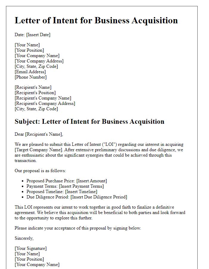 Letter template of Intent for Business Acquisition