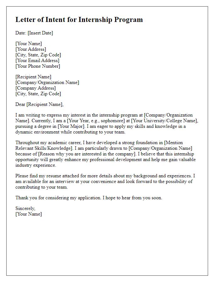 Letter template of Intent for Internship Program