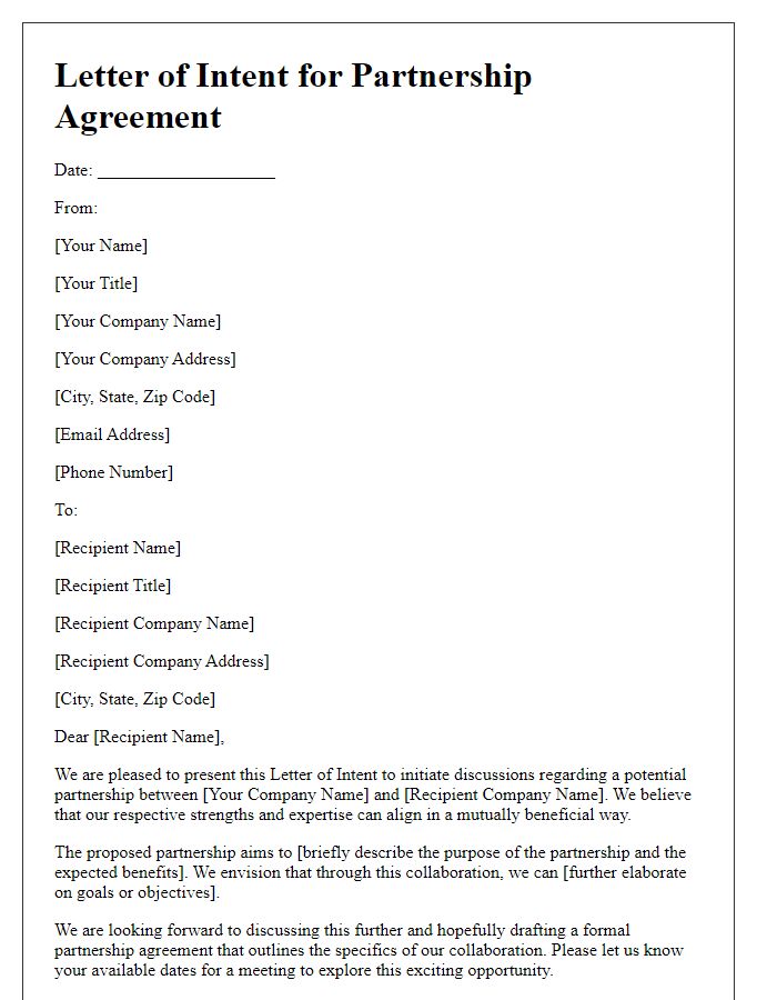 Letter template of Intent for Partnership Agreement