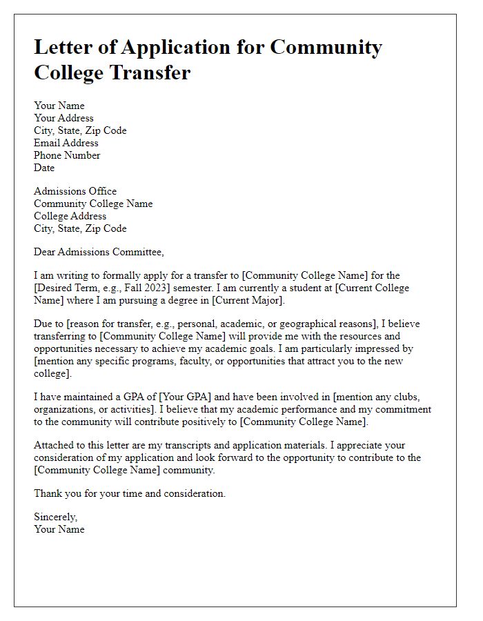 Letter template of application for community college transfer