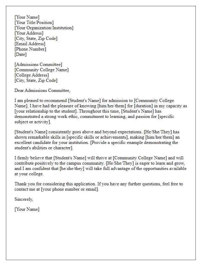 Letter template of recommendation for community college applicant