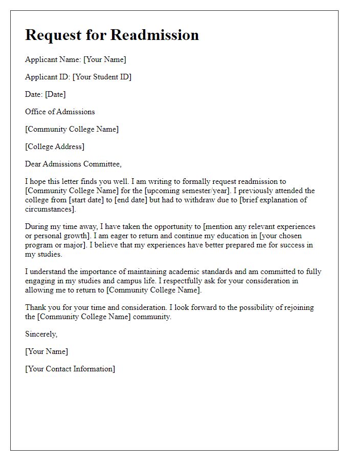 Letter template of request for community college readmission