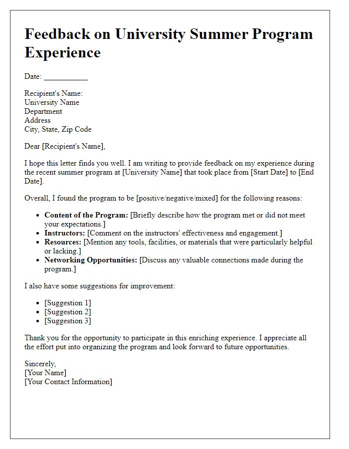 Letter template of feedback for university summer program experience.