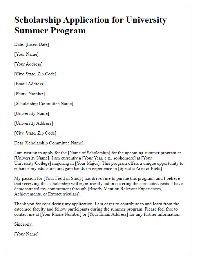 Letter template of scholarship application for university summer program.