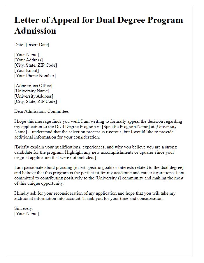 Letter template of appeal for dual degree program admission