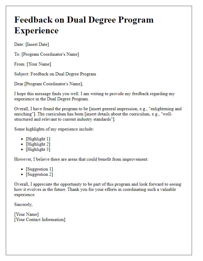 Letter template of feedback for dual degree program experience