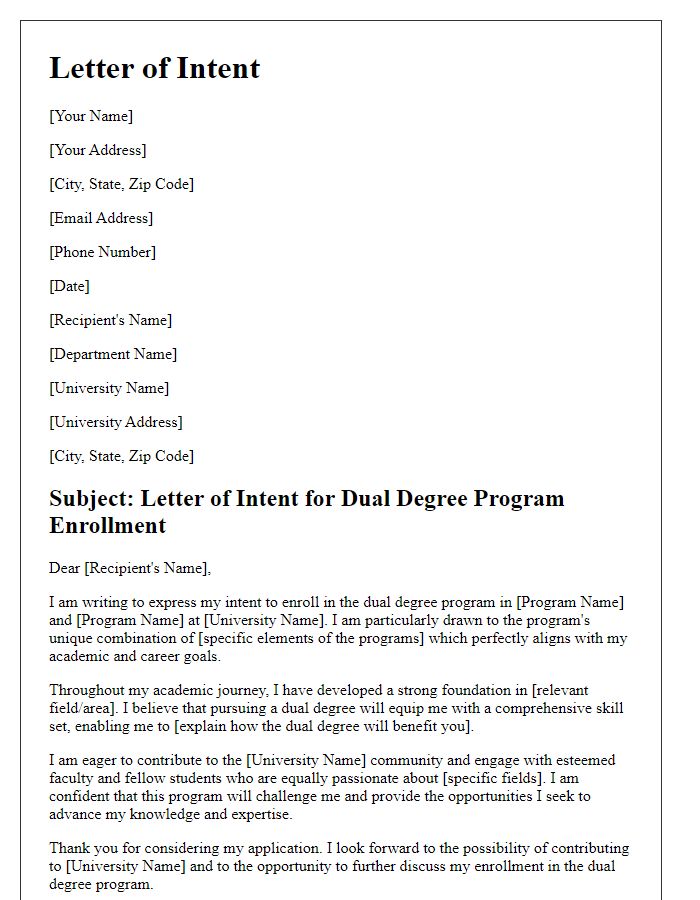 Letter template of intention for dual degree program enrollment