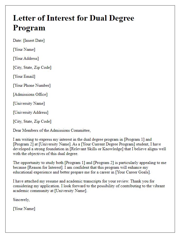 Letter template of interest for dual degree program application