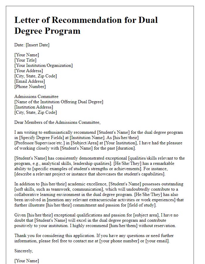 Letter template of recommendation for dual degree program