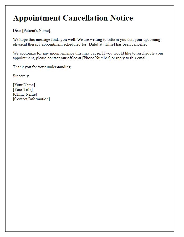 Letter template of follow-up appointment cancellation notice for physical therapy