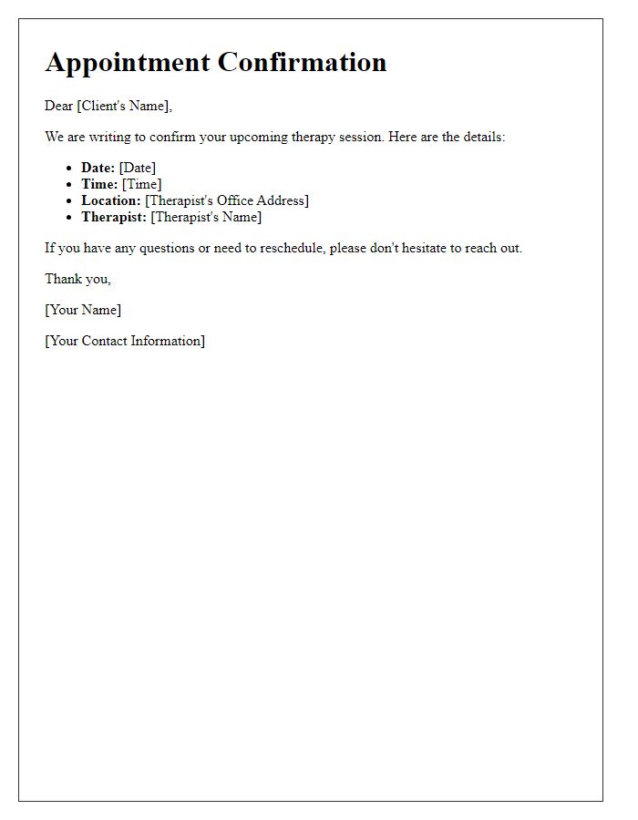 Letter template of follow-up appointment confirmation for therapy session