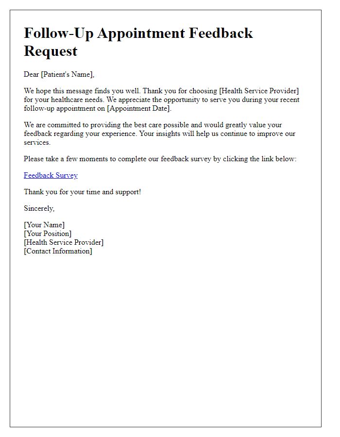Letter template of follow-up appointment feedback request for health services