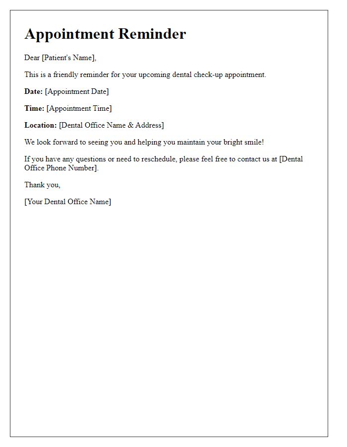 Letter template of follow-up appointment reminder for dental check-up