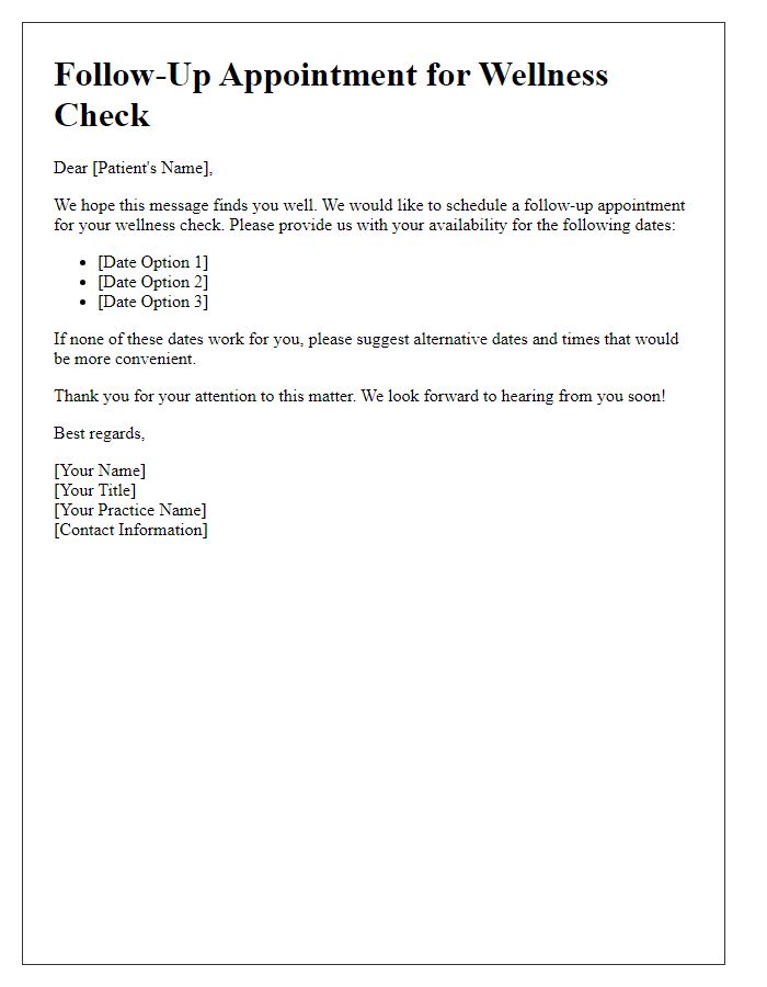 Letter template of follow-up appointment scheduling for wellness check