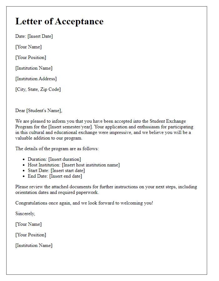 Letter template of acceptance for student exchange program