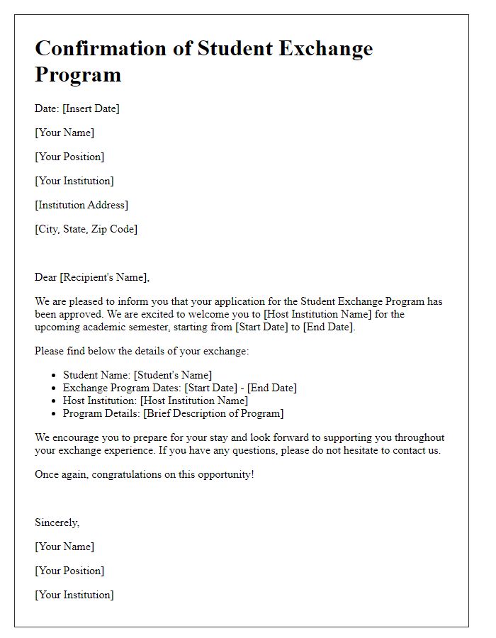 Letter template of confirmation for student exchange program