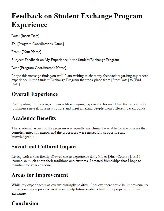 Letter template of feedback on student exchange program experience