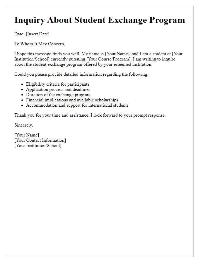 Letter template of inquiry regarding student exchange program