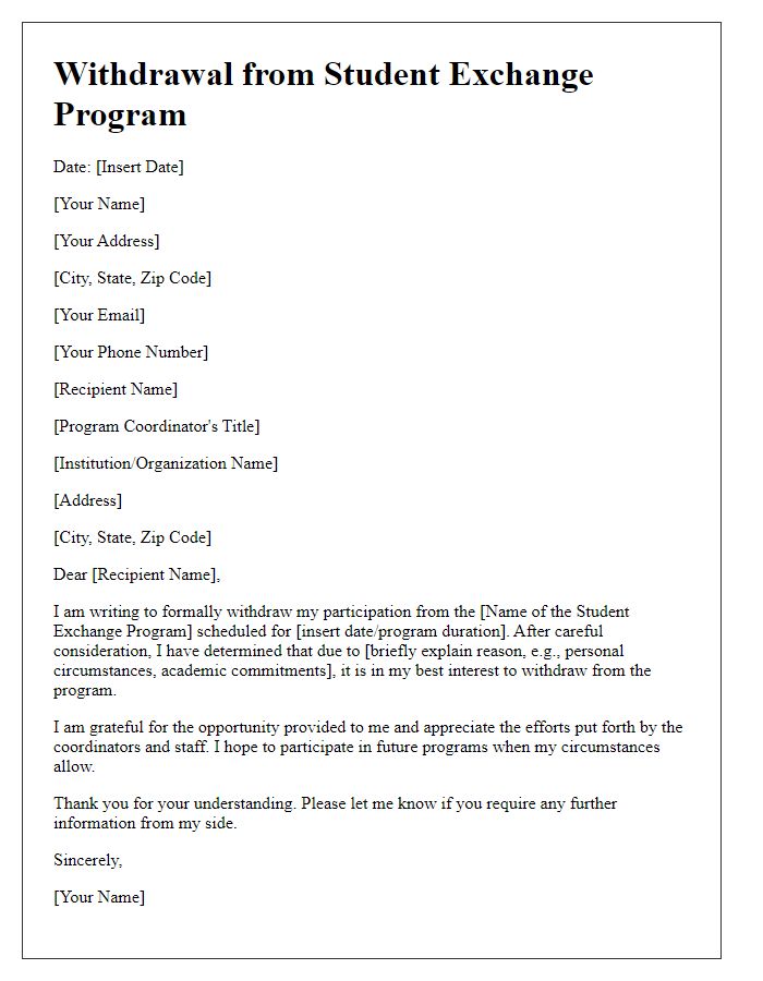 Letter template of withdrawal from student exchange program