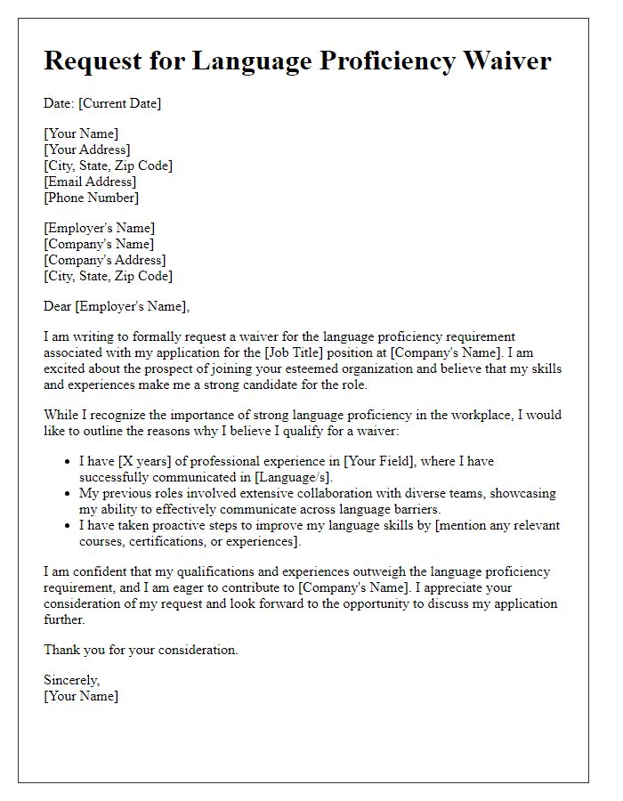 Letter template of appeal for language proficiency waiver for employment application.