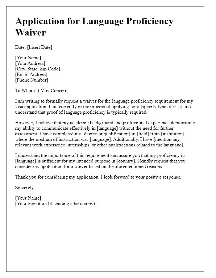 Letter template of application for language proficiency waiver for visa purposes.