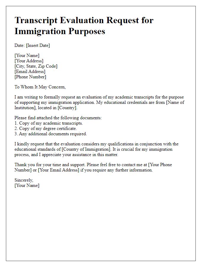 Letter template of transcript evaluation request for immigration purposes.