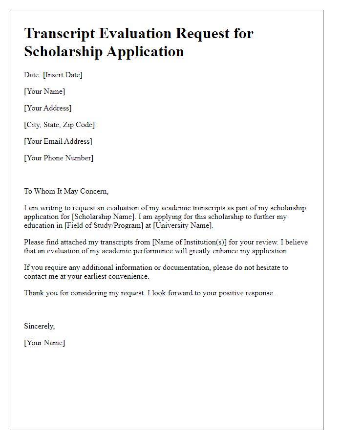 Letter template of transcript evaluation request for scholarship applications.