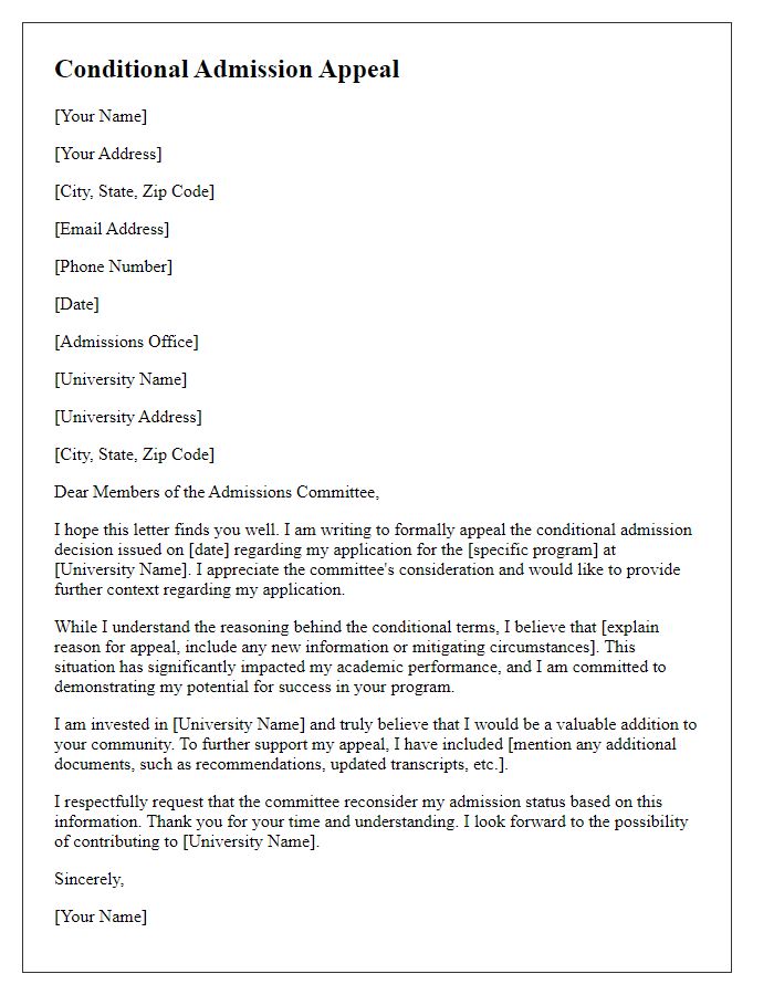 Letter template of conditional admission appeal