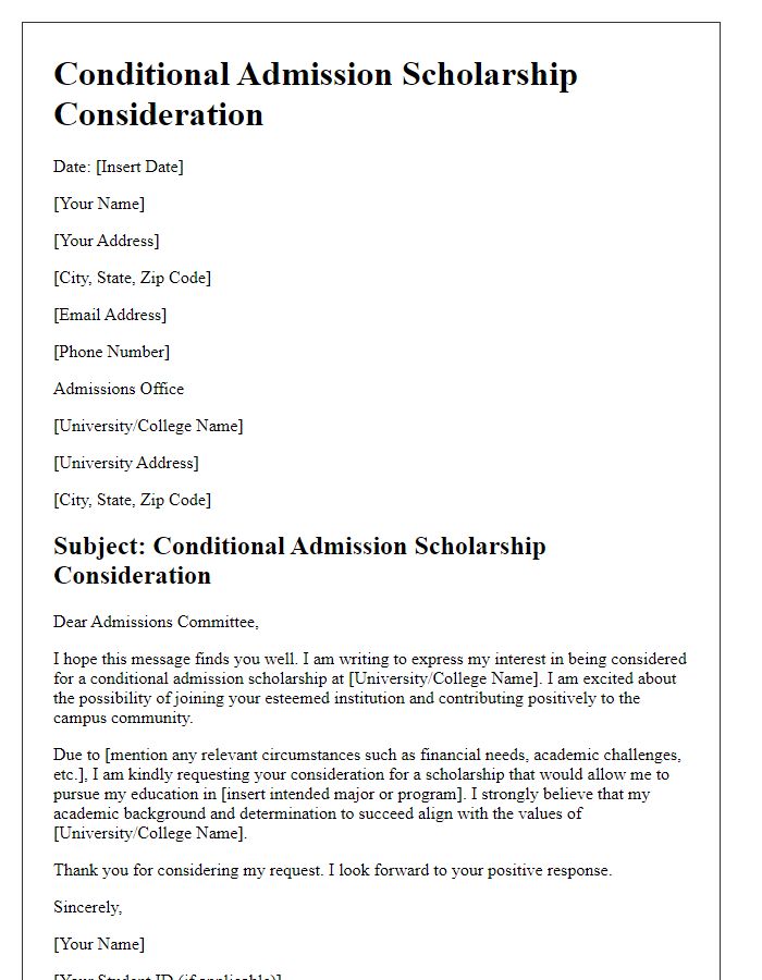 Letter template of conditional admission scholarship consideration