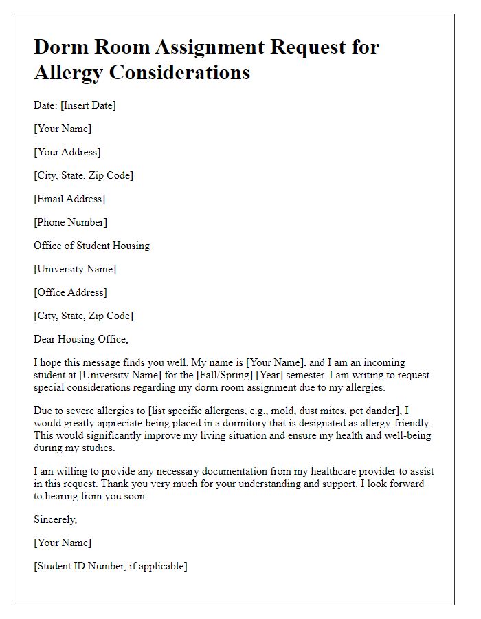 Letter template of dorm room assignment request for allergy considerations.