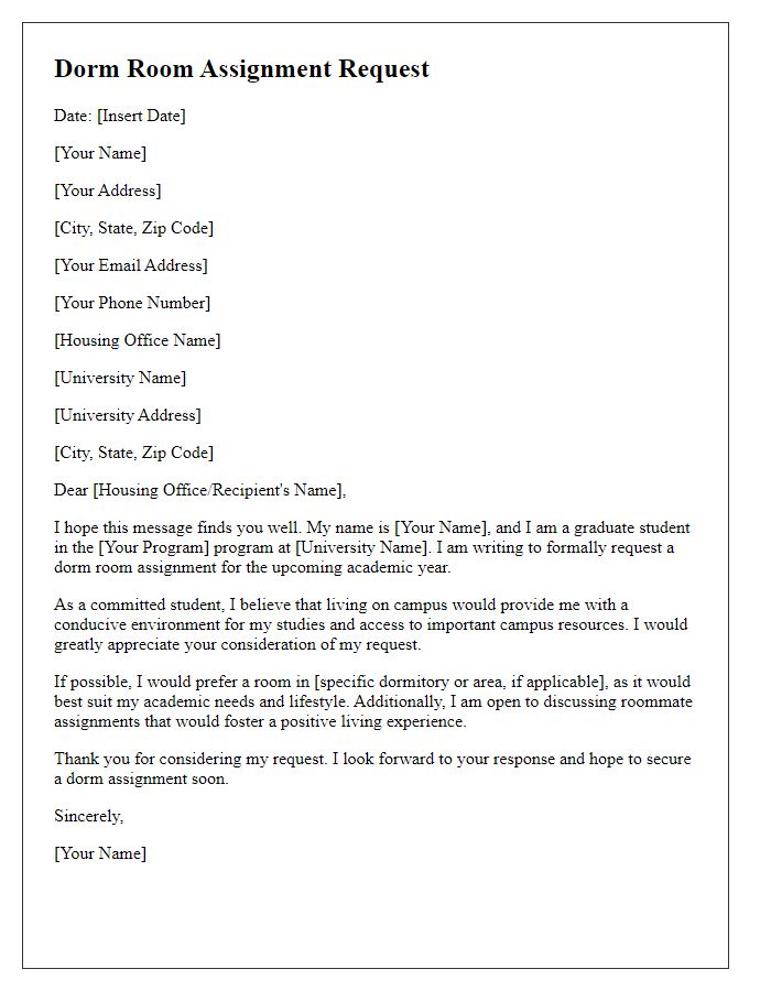 Letter template of dorm room assignment request for graduate students.