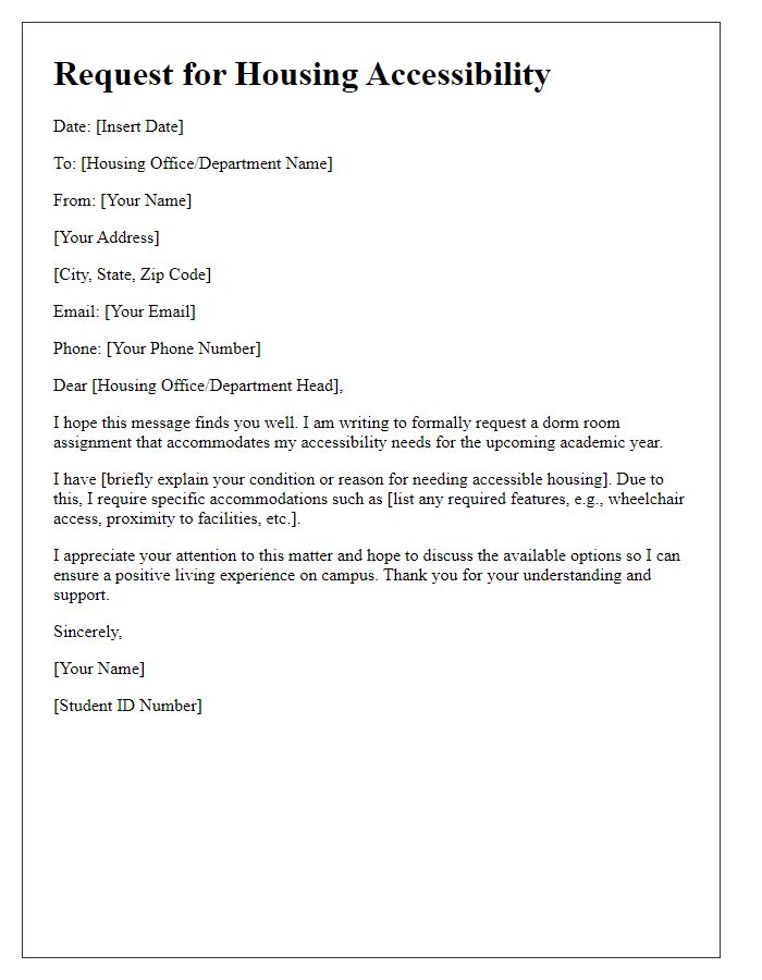 Letter template of dorm room assignment request for housing accessibility.