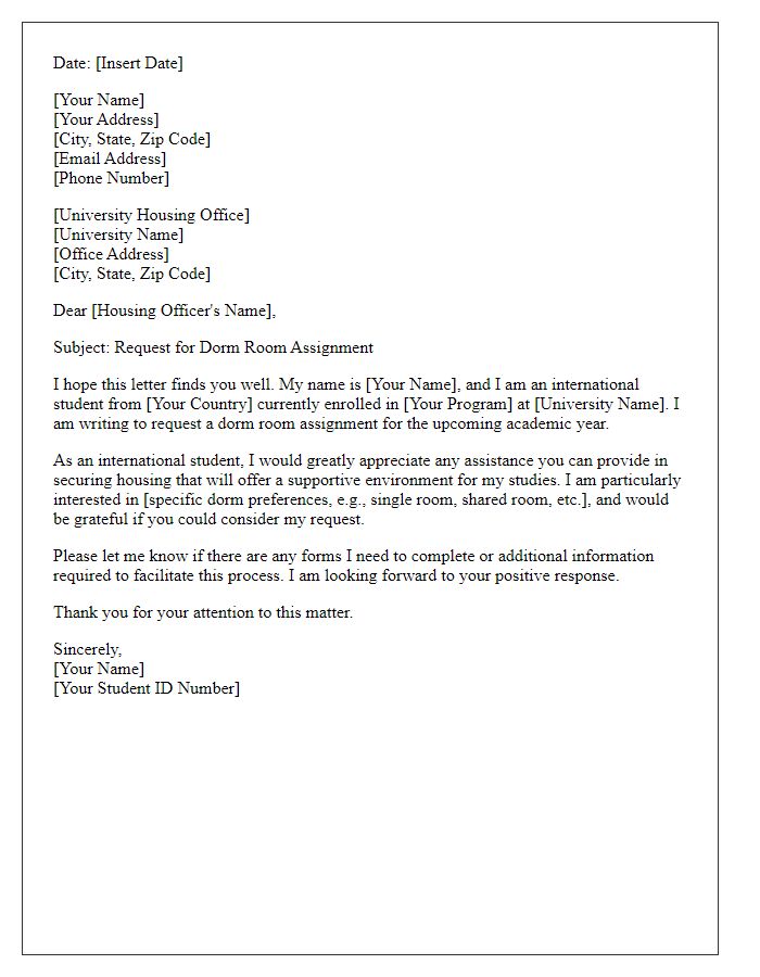 Letter template of dorm room assignment request for international students.