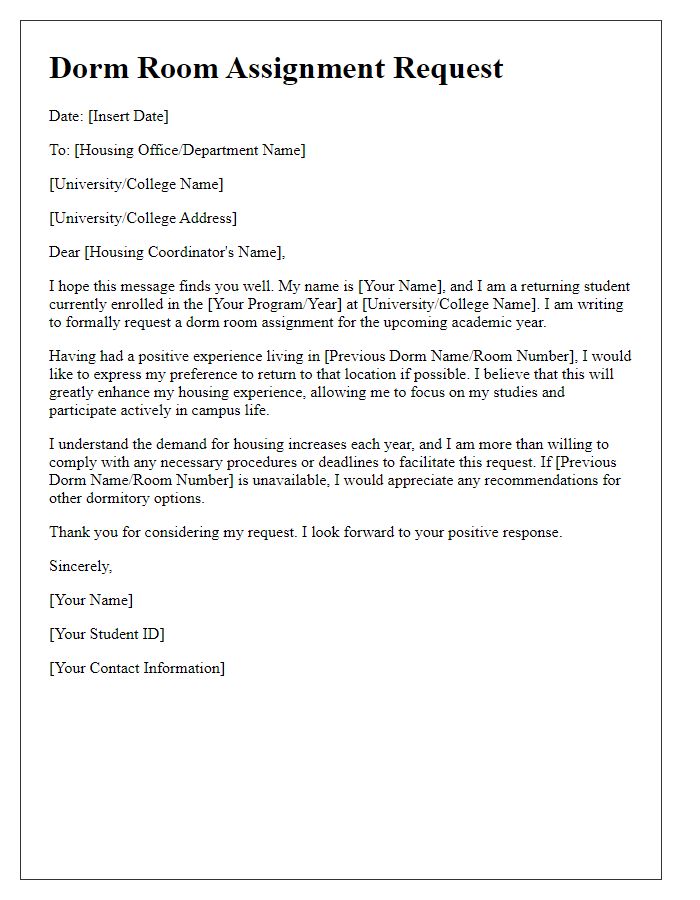 Letter template of dorm room assignment request for returning students.