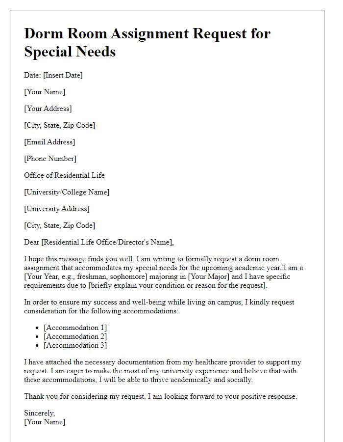 Letter template of dorm room assignment request for special needs.