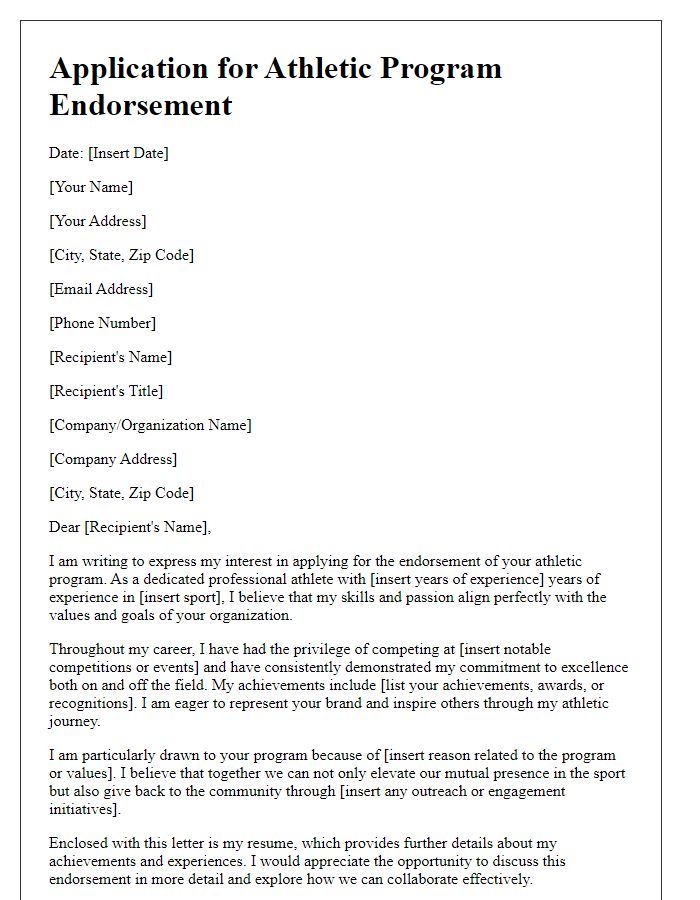 Letter template of athletic program application for professional athlete endorsement