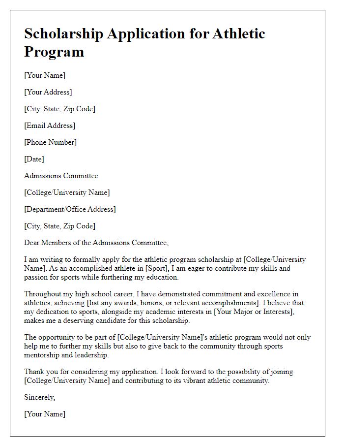 Letter template of athletic program application for scholarship consideration